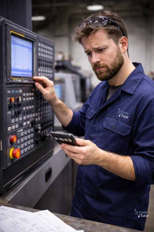 Stressed machinist at CNC control panel