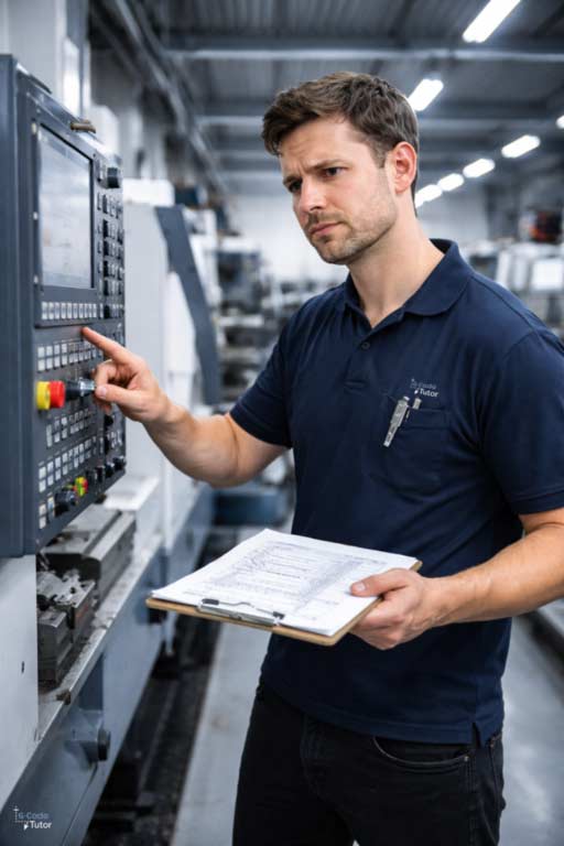 Stressed machinist at CNC control panel