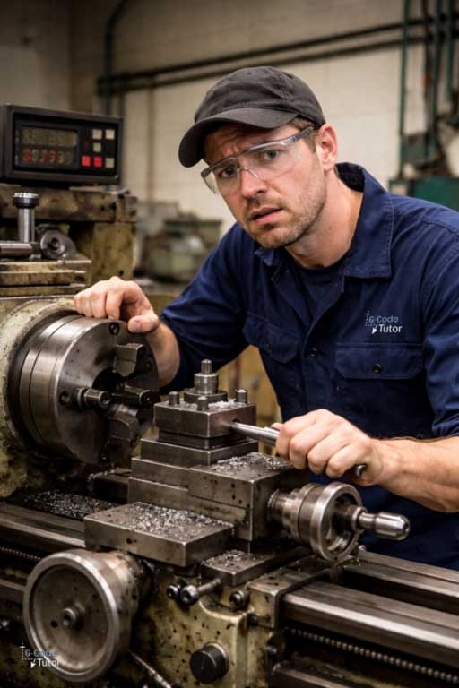Stressed machinist at CNC control panel