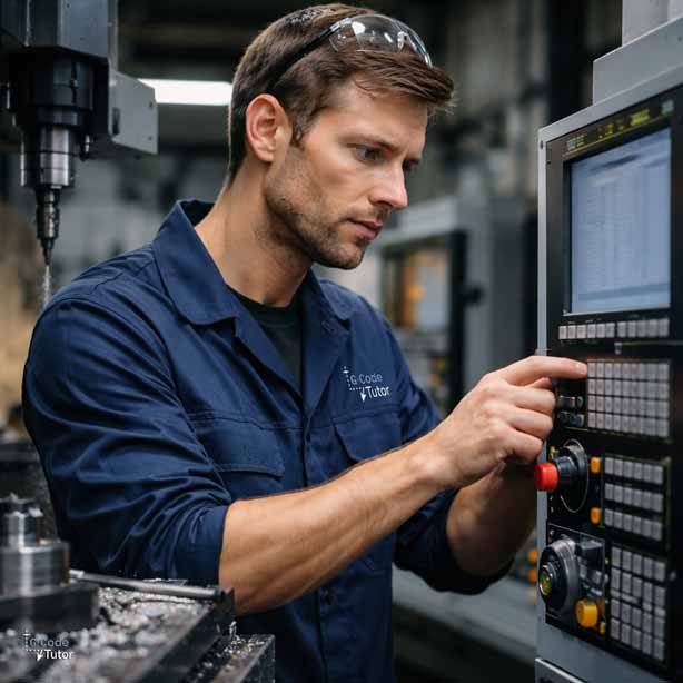 Stressed machinist at CNC control panel