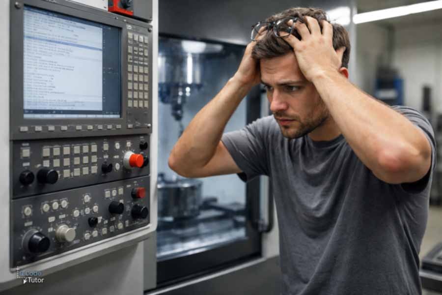 Stressed machinist at CNC control panel