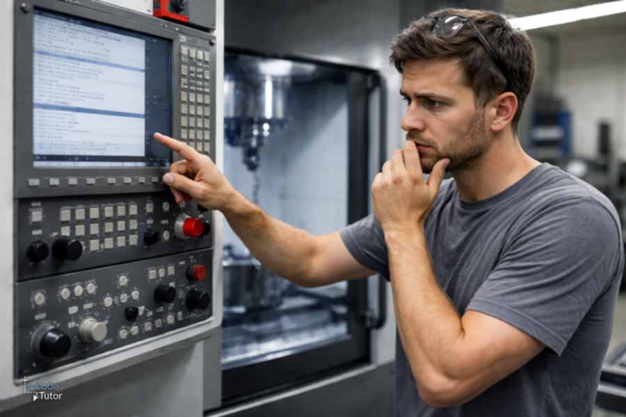 Stressed machinist at CNC control panel