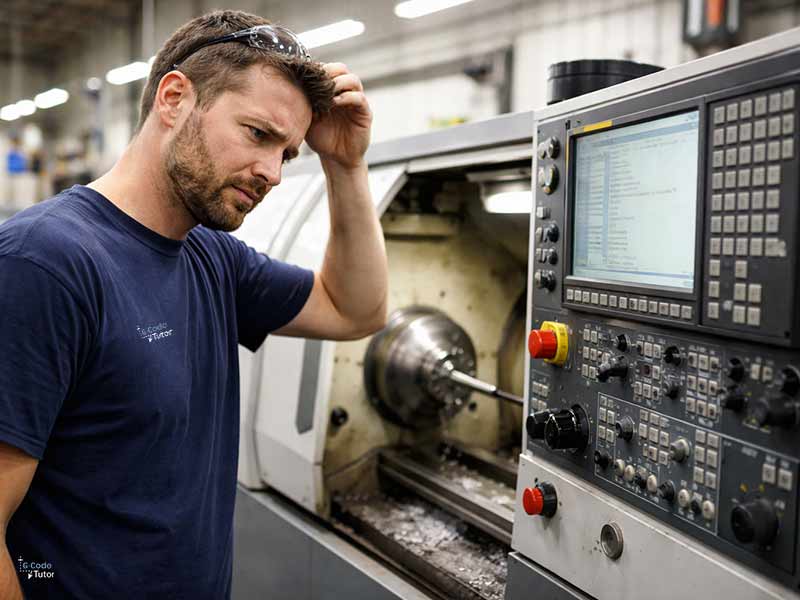 Stressed turner at a CNC control panel